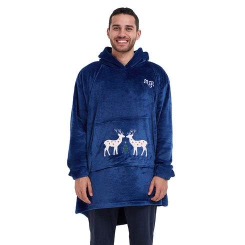 Snuggs Blanket Hoodie Dark Blue Christmas Deer Pocket